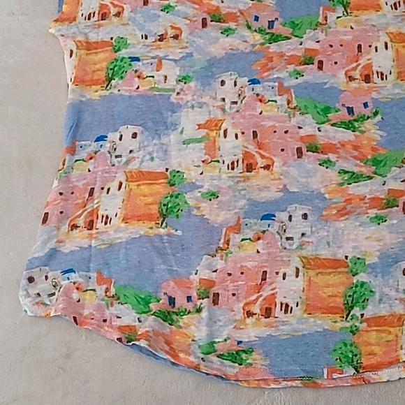 Cynthia Rowley Linen Scenic Print Cap Sleeve Top Large Coastal Resort Summer - Picture 3 of 11